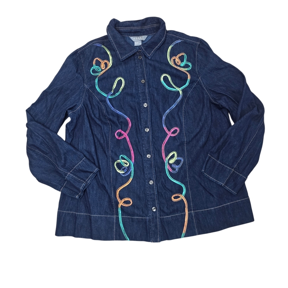 KORET Denim Top Embroidered Long Sleeve Shirt Top Size 16 W Women’s Blue